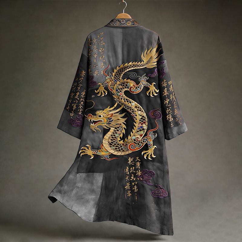 Men's Vintage Japanese Calligraphy Dragon Art Pattern Linen Blend Kimono