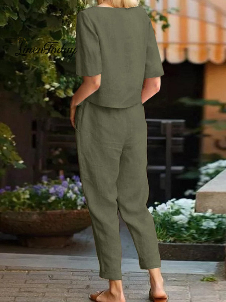 Cotton and Linen Summer Half-Sleeve Oversized Homewear Suit