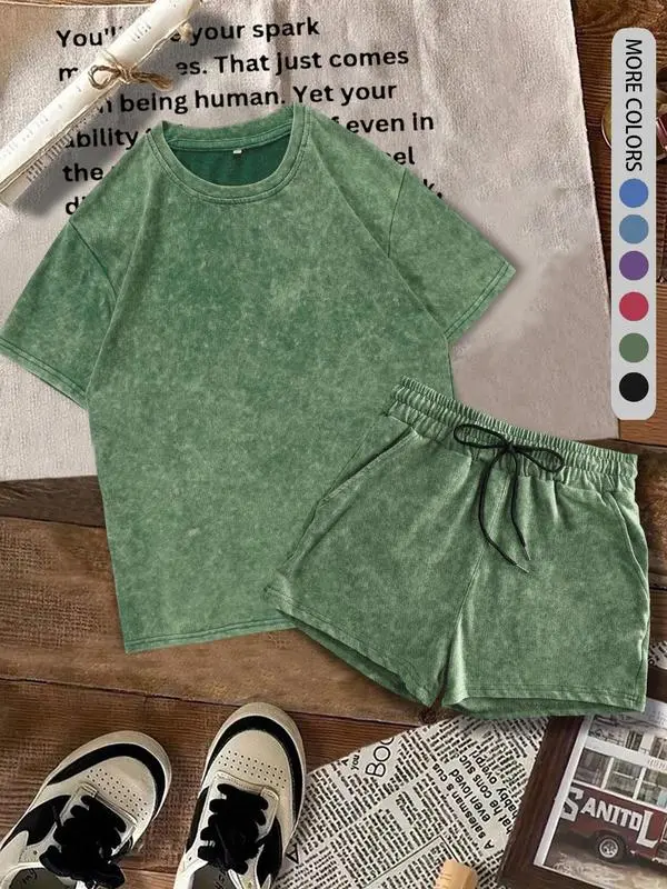 Women's 2-Piece Summer Set – Fitted Cotton Tee & Denim-Print Shorts