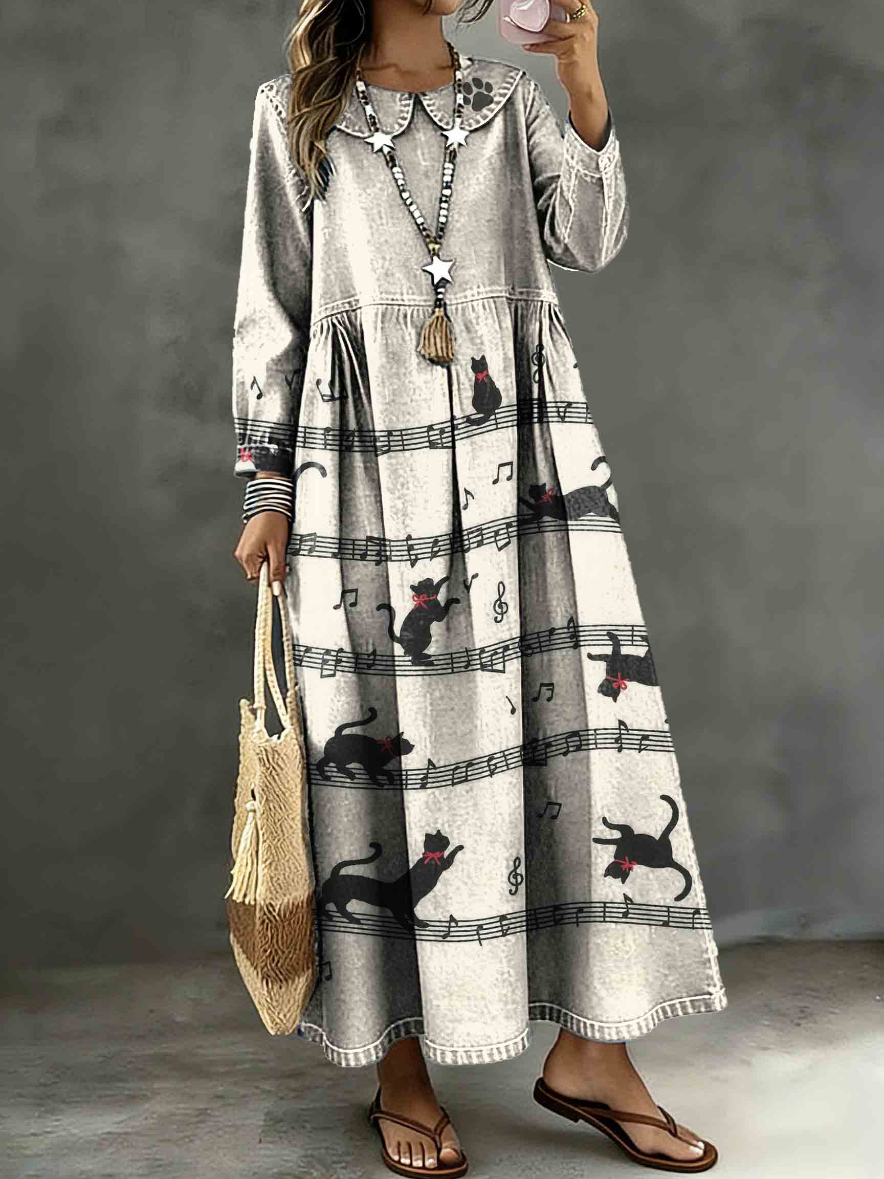 Women's Cute Cat Sheet Music Art Print Lapel Collar Pleated Long Sleeve Casual Loose Denim Dress