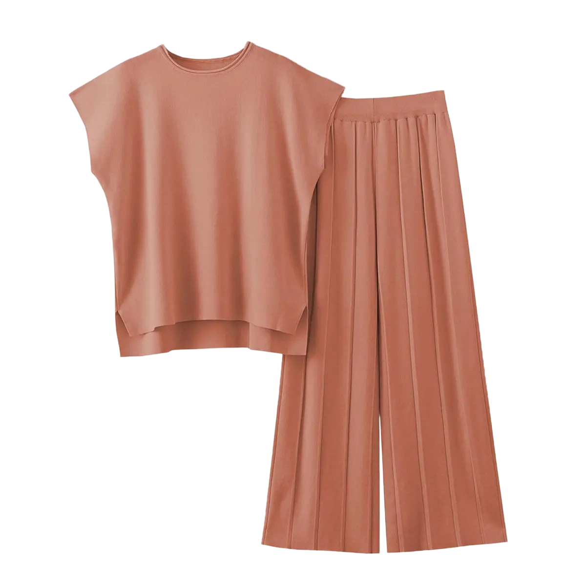 ✨ Women’s Knit Two-Piece Lounge Set – Cap Sleeve Top & Wide Leg Pants