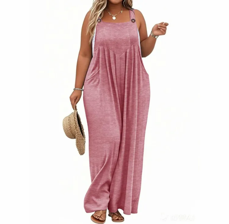 2025 Plus Size Wide Leg Jumpsuit – Loose Summer Romper with Pockets