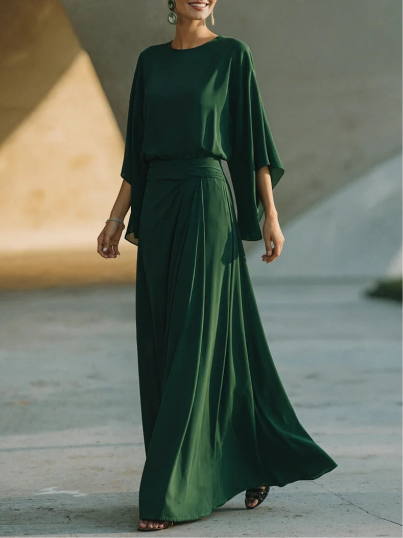Dark Green Round Neck Chiffon Batwing-sleeve Maxi Dress