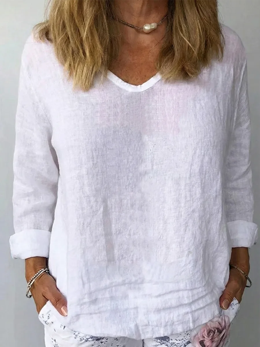 Women's V-neck Long-sleeved Cotton And Linen Top
