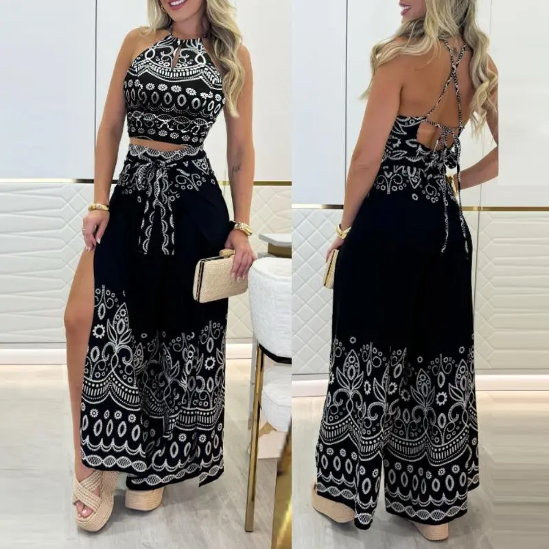 CHICME Women's Tribal Print 2-Piece Set – Sleeveless Keyhole Top & Slit Wide-Leg Pants, Vacation Outfit