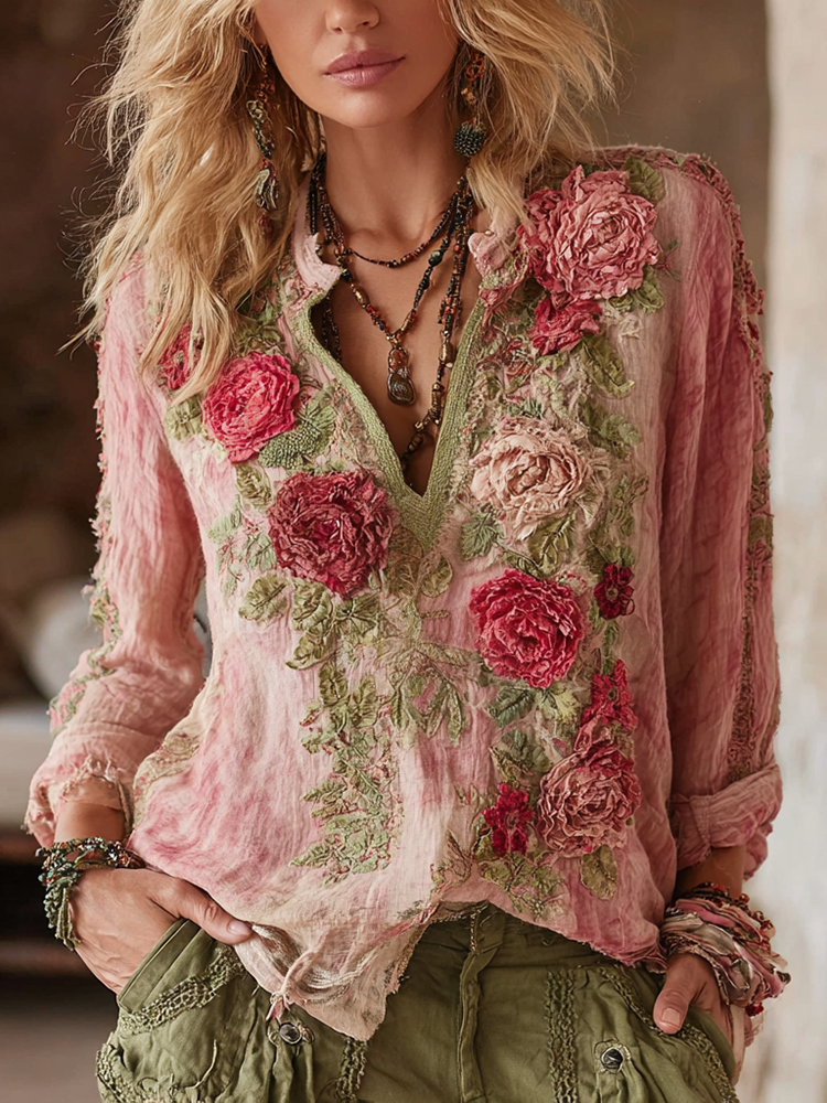 Women's Vintage Floral Linen Long Sleeve T-shirt