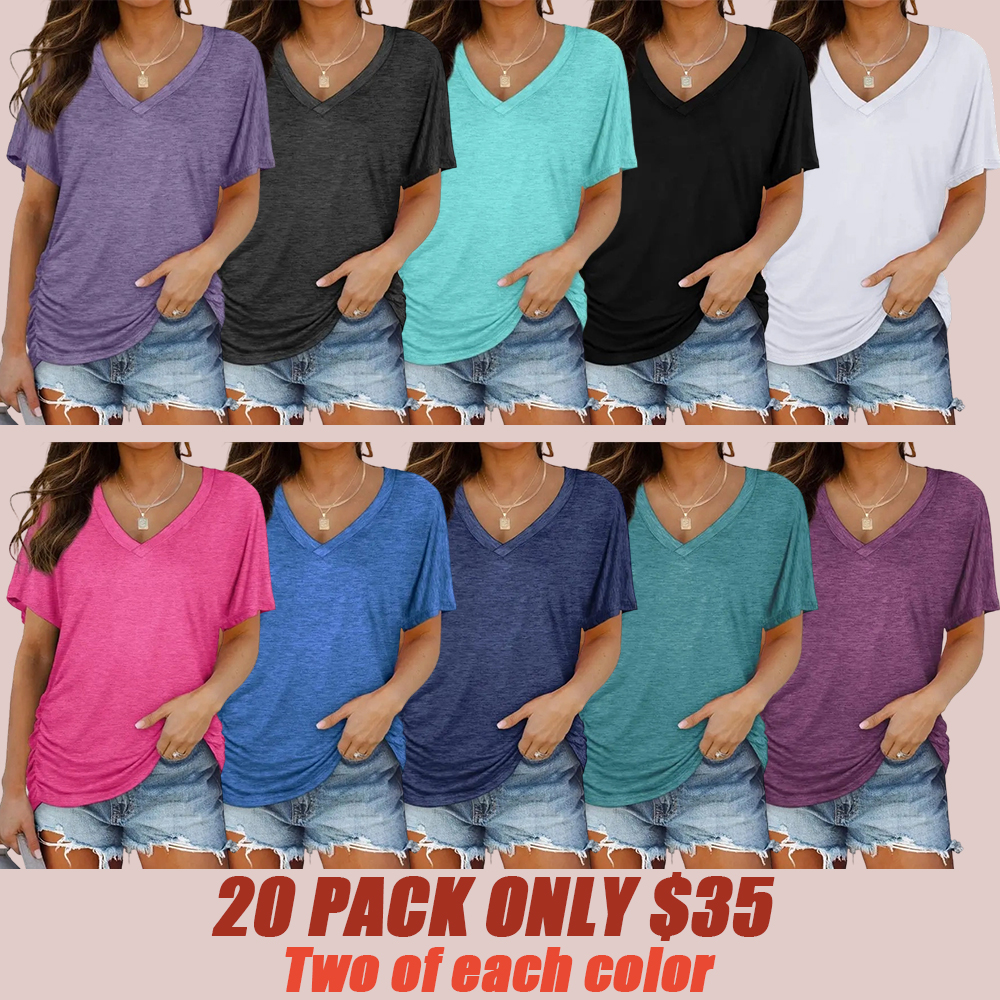 Women's Short Sleeve V Neck Dolman Tops with Side Shirring Loose Fit Shirts Spring Statements