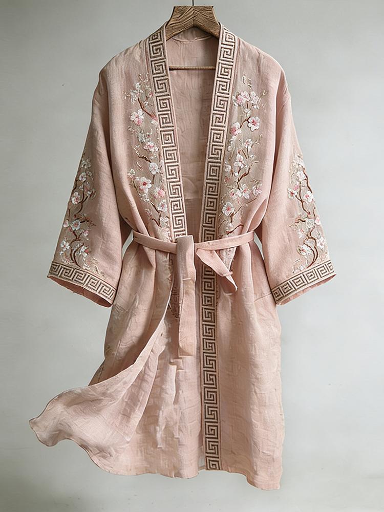 Retro Japanese Cherry Blossom Art Linen Blend Long Kimono