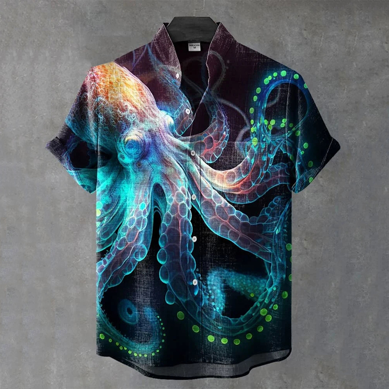 Vintage Fish Octopus Art Print Casual Cotton Shirt