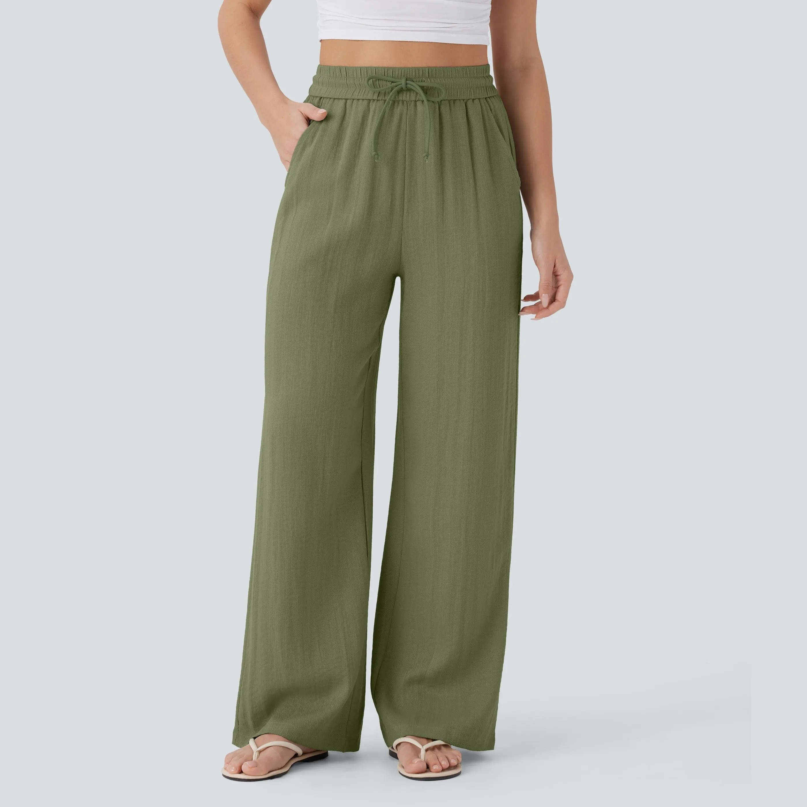 High Waisted Drawstring Pocket Wide Leg Casual Linen-Feel Pants