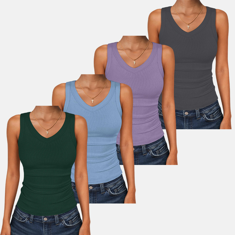 Tank Tops for Women V Neck Ribbed Knit Slim Fitted Sleeveless Tee – 2026 Summer Casual Basic Tanks