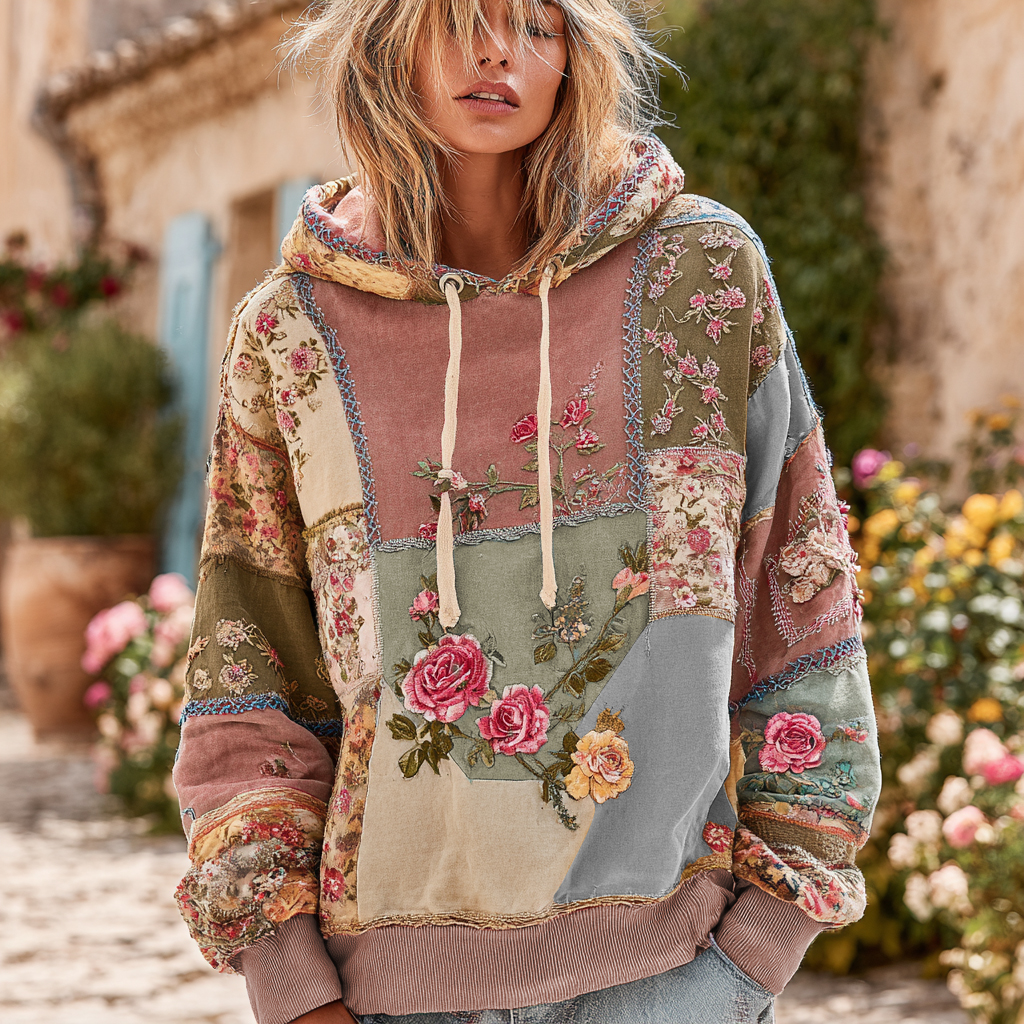 Vintage Rose Floral Patch Comfortable Warm Hoodie