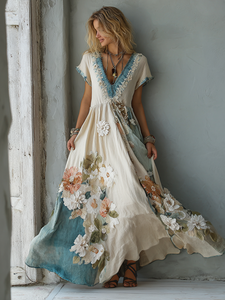 Women's Vintage Oil Painting Floral Art Stitching Linen Dress