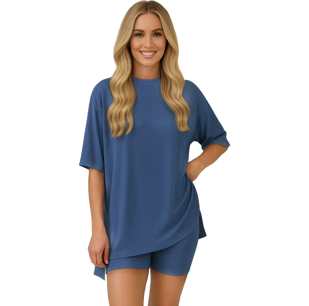 Women's Casual Wear, Summer, 2-Piece Suit, Pajamas, Casual Loose, Short-SleevedShorts, Airport Travel Wear, Hem Slits, HomeWear