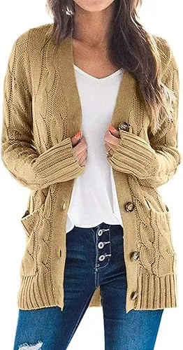 Women's Fall Casual Long Sleeve Button Down Open Front Cable Knit Cardigan