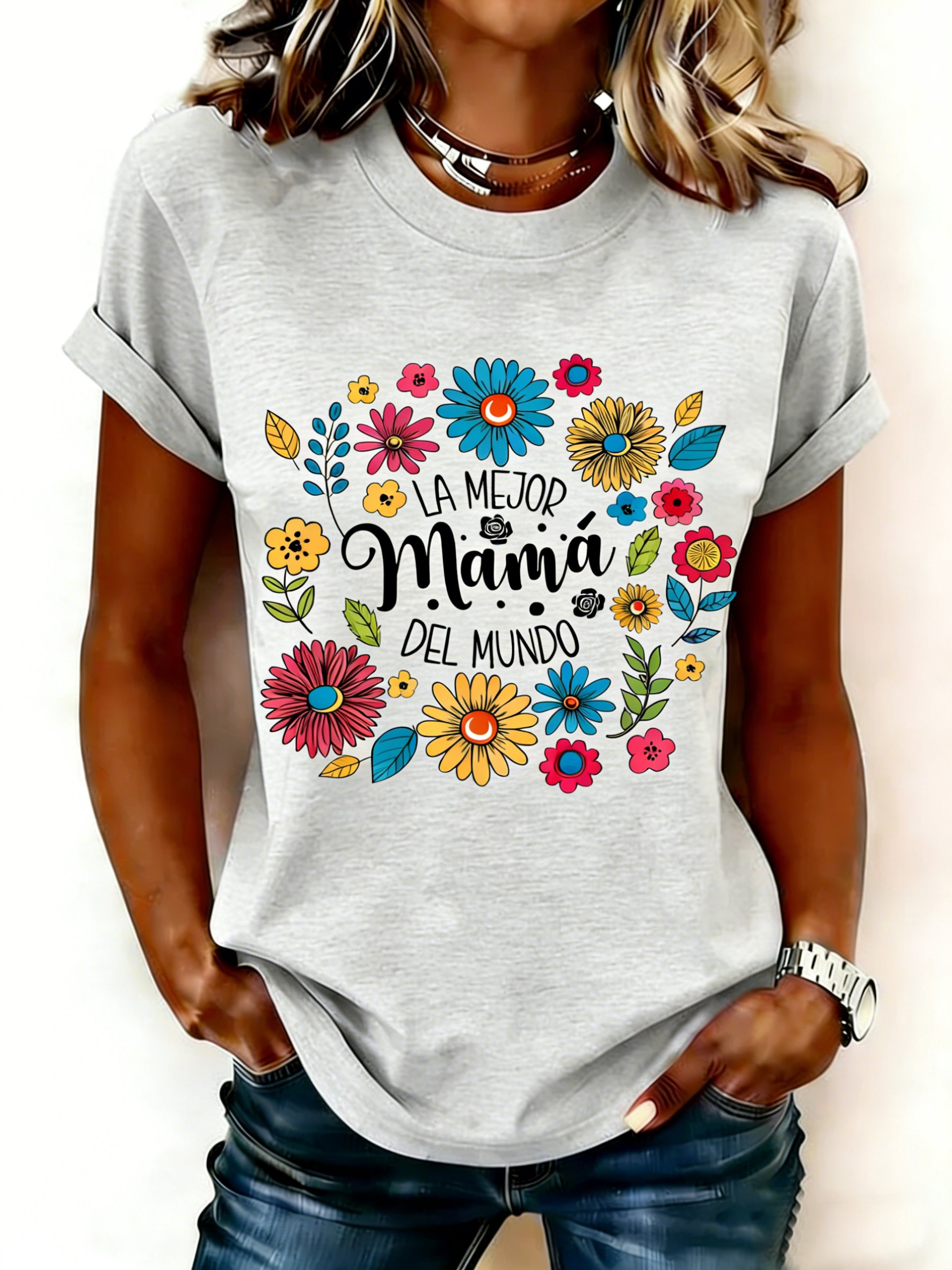 Mother's Day Letter Pattern Floral Short Sleeve Round Neck Loose  Casual T-Shirt