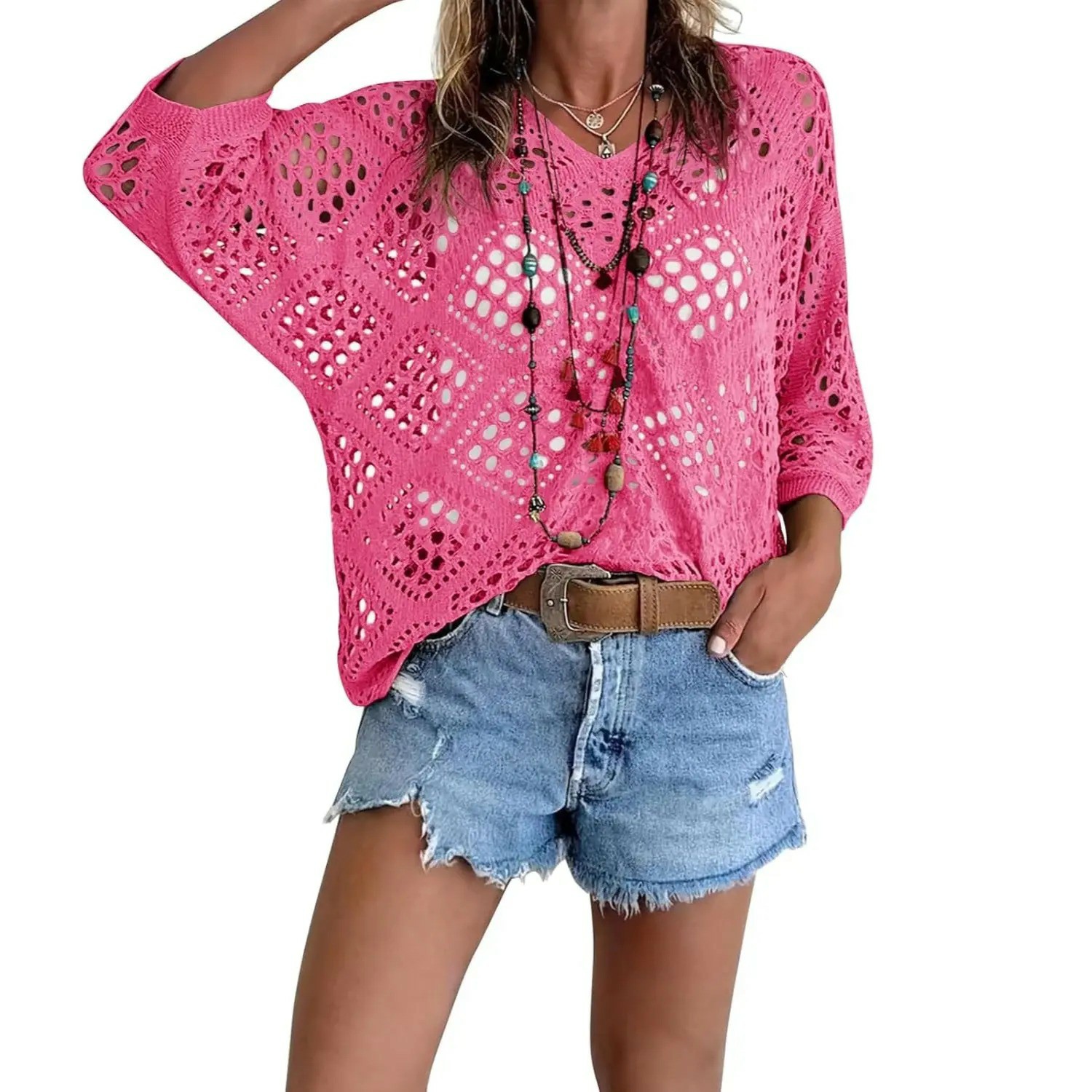 🔥【Stock Up Deals】Women's Bohemian-Inspired Beige Crochet Top with V-Neck