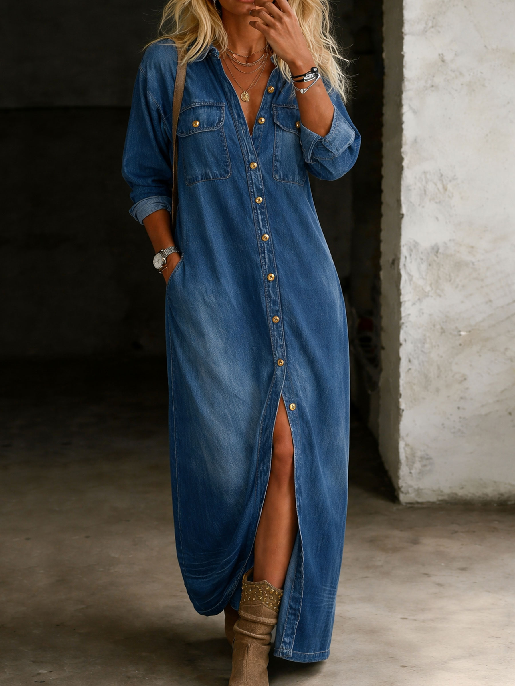 Womens Casual Fashion Blue Denim Shirt Midi Dress