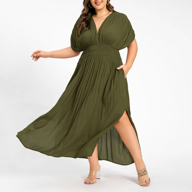 Plus Size Summer V-Neck Batwing Sleeve Maxi Dress with Ruched Waist