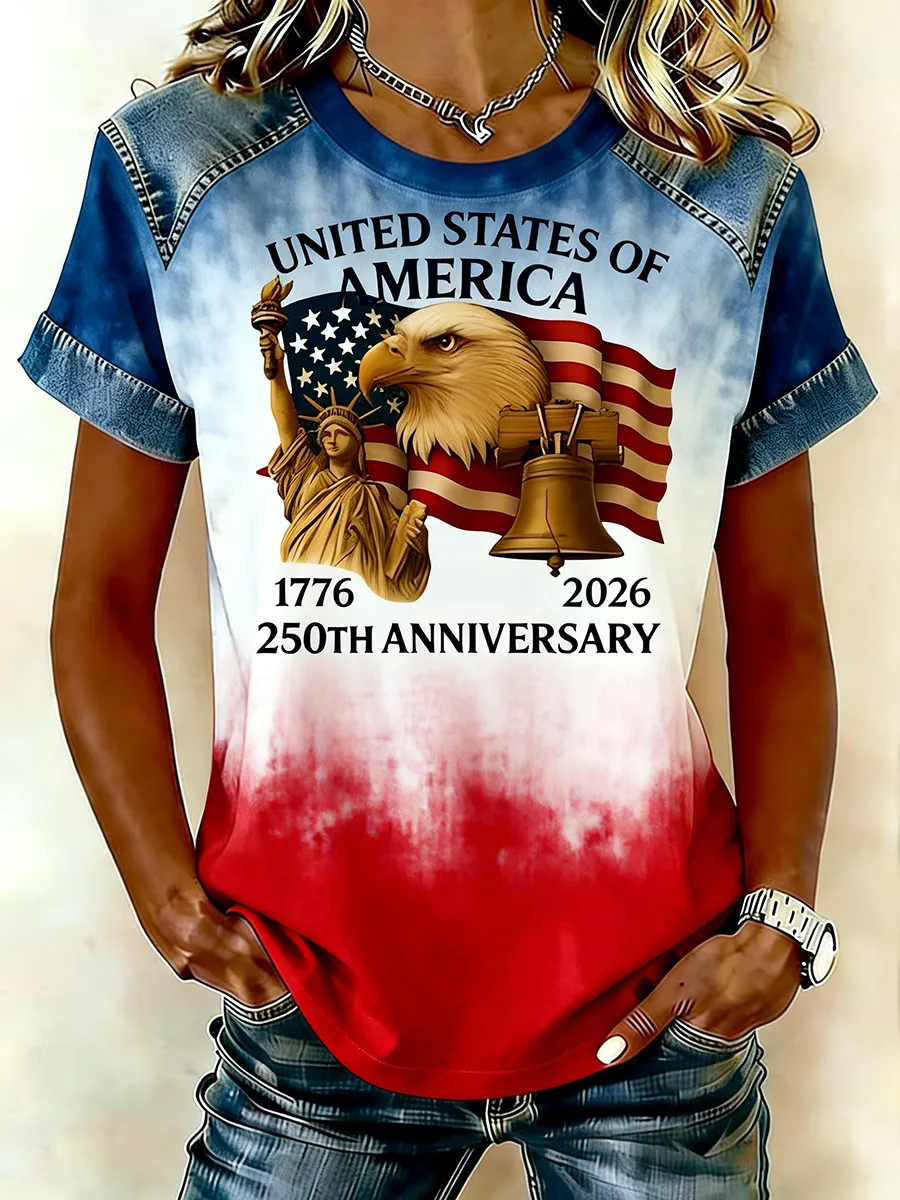 USA 250th Anniversary Eagle Statue Of Liberty Denim Raglan T-Shirt