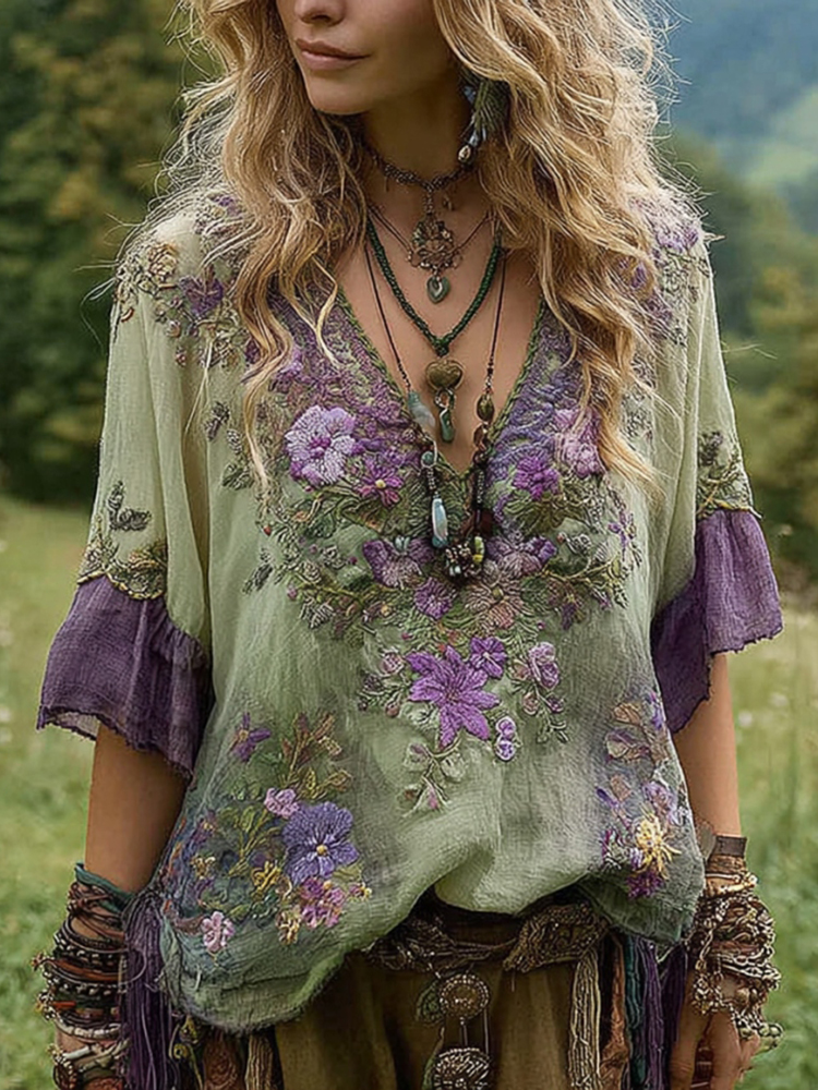 Women's Vintage Floral Embroidery Art V Neck Linen T-shirt