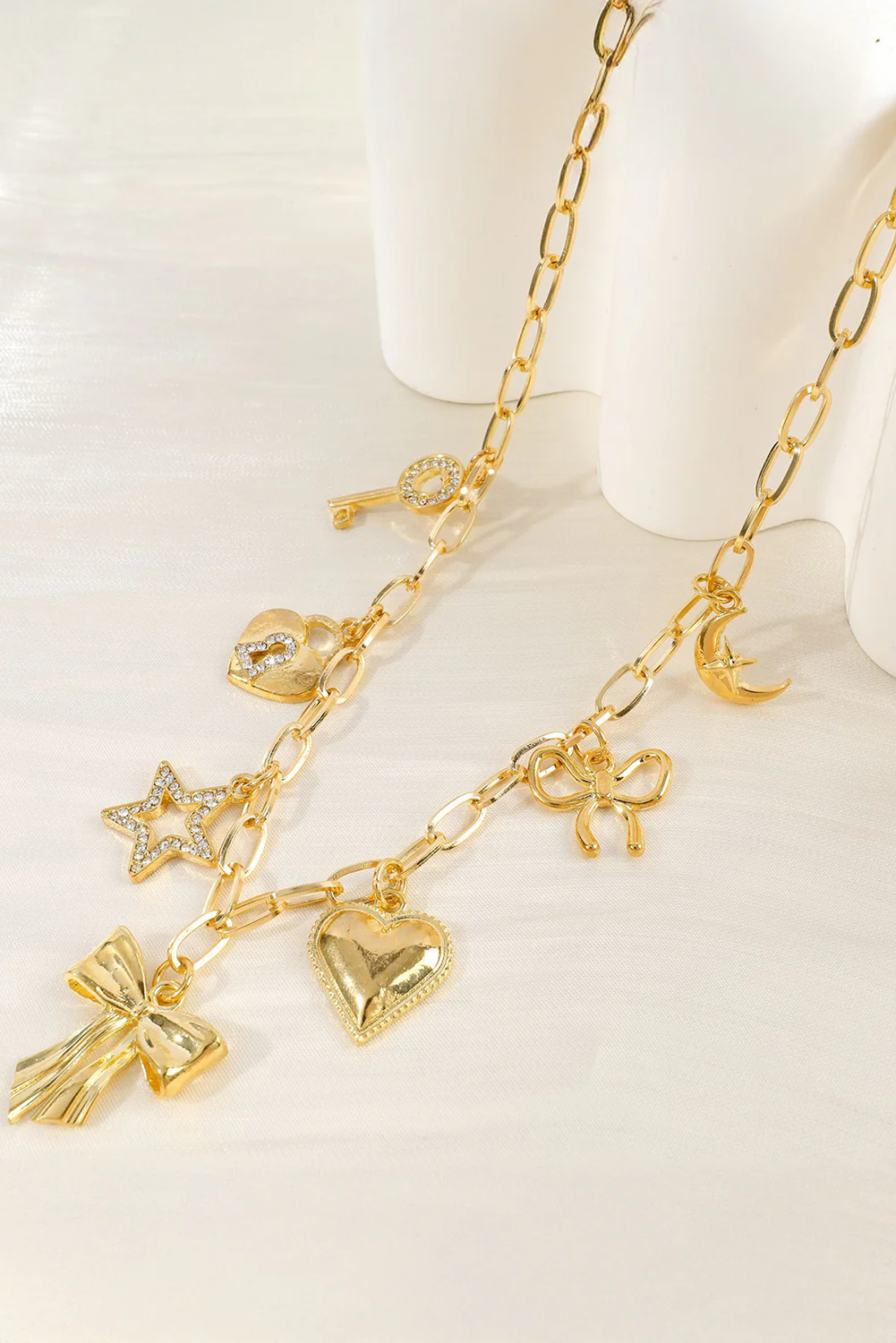 Gold Bow Heart Star Key Charm Alloy Adjustable Chain Necklace