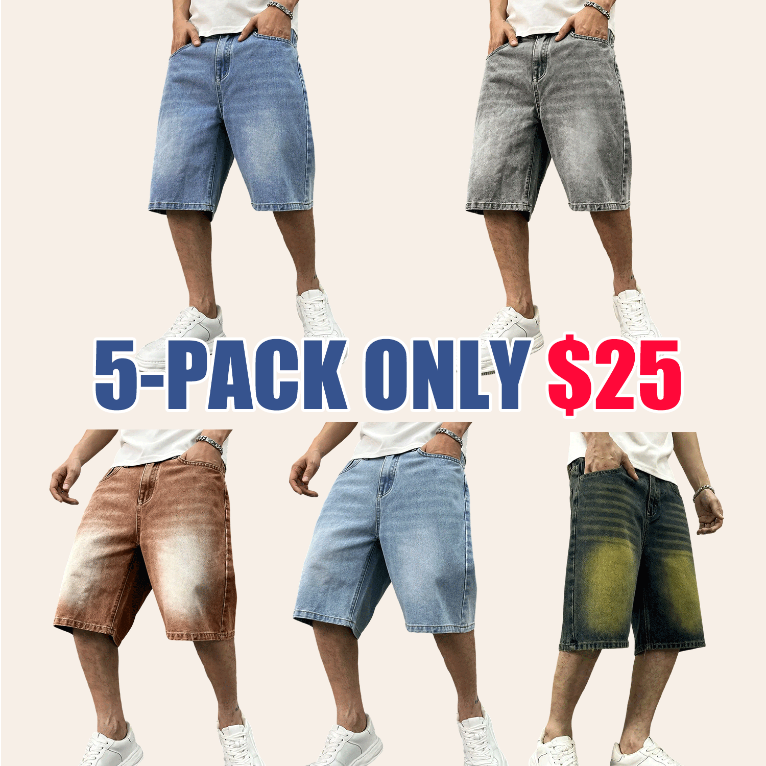 Men's washed retro color denim shorts, trendy, versatile, loose straight-leg casual streetwear denim five-point pants