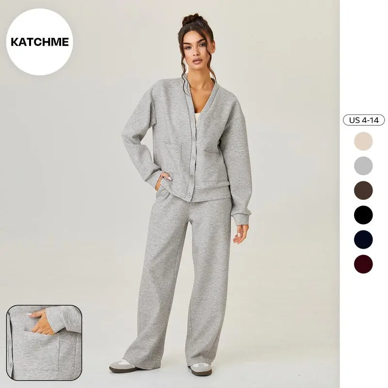 Women's Slouchy V-Neck Button Cardigan & Drawstring Pants Two-Piece Set