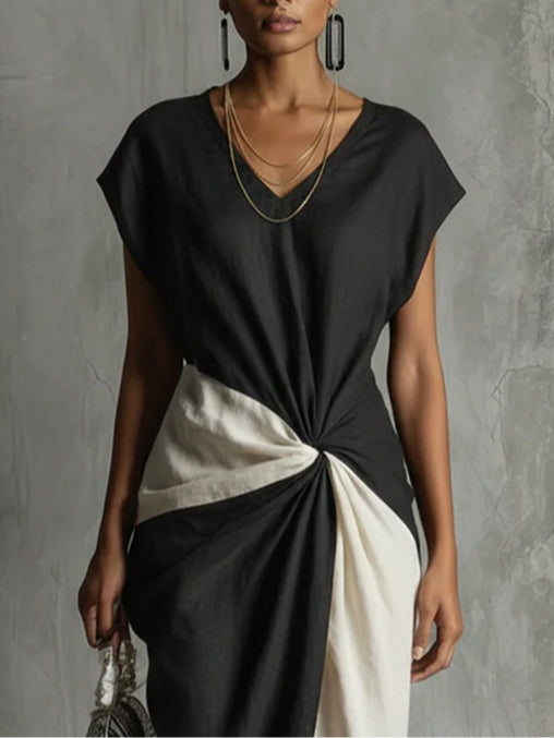 V-neck color-blocked short-sleeved dress