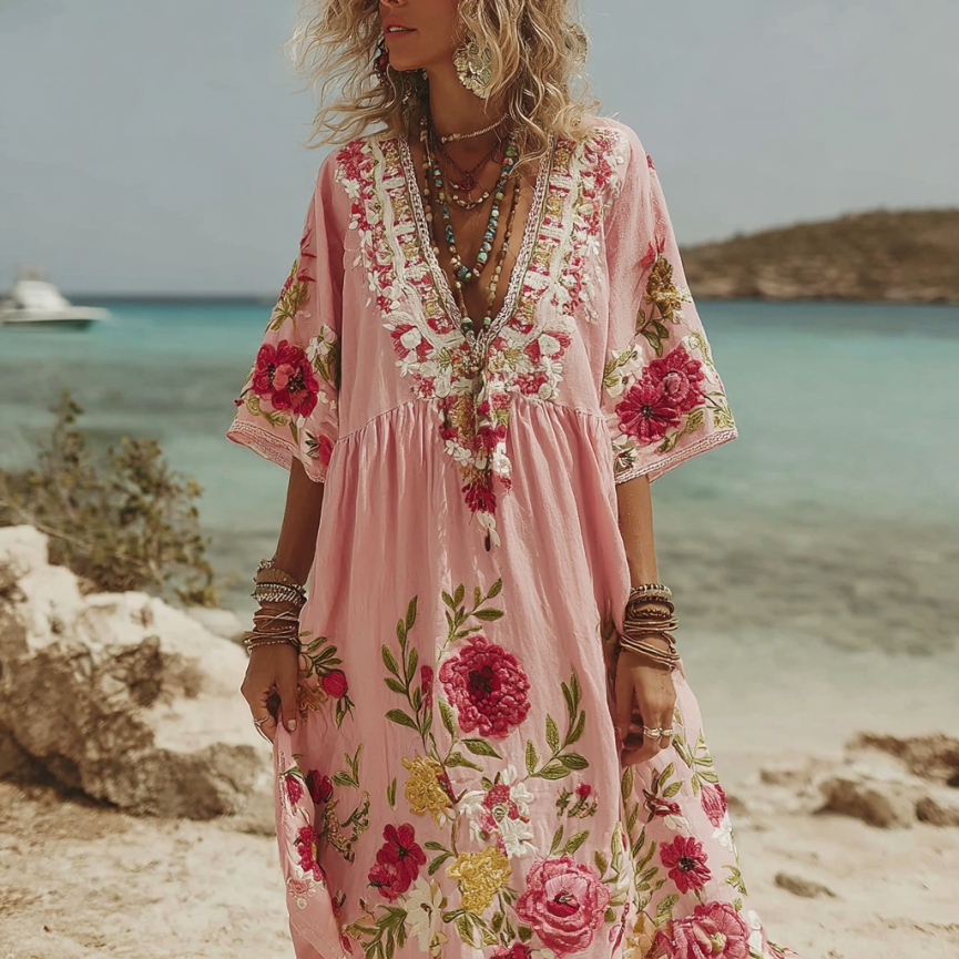 Women's Pink Rose Embroidery V-neck Short Sleeve Linen Blend Midi Dress