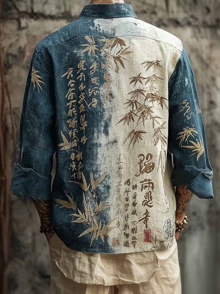 Japanese Art Retro Line Art Linen Casual Long-sleeve Shirt