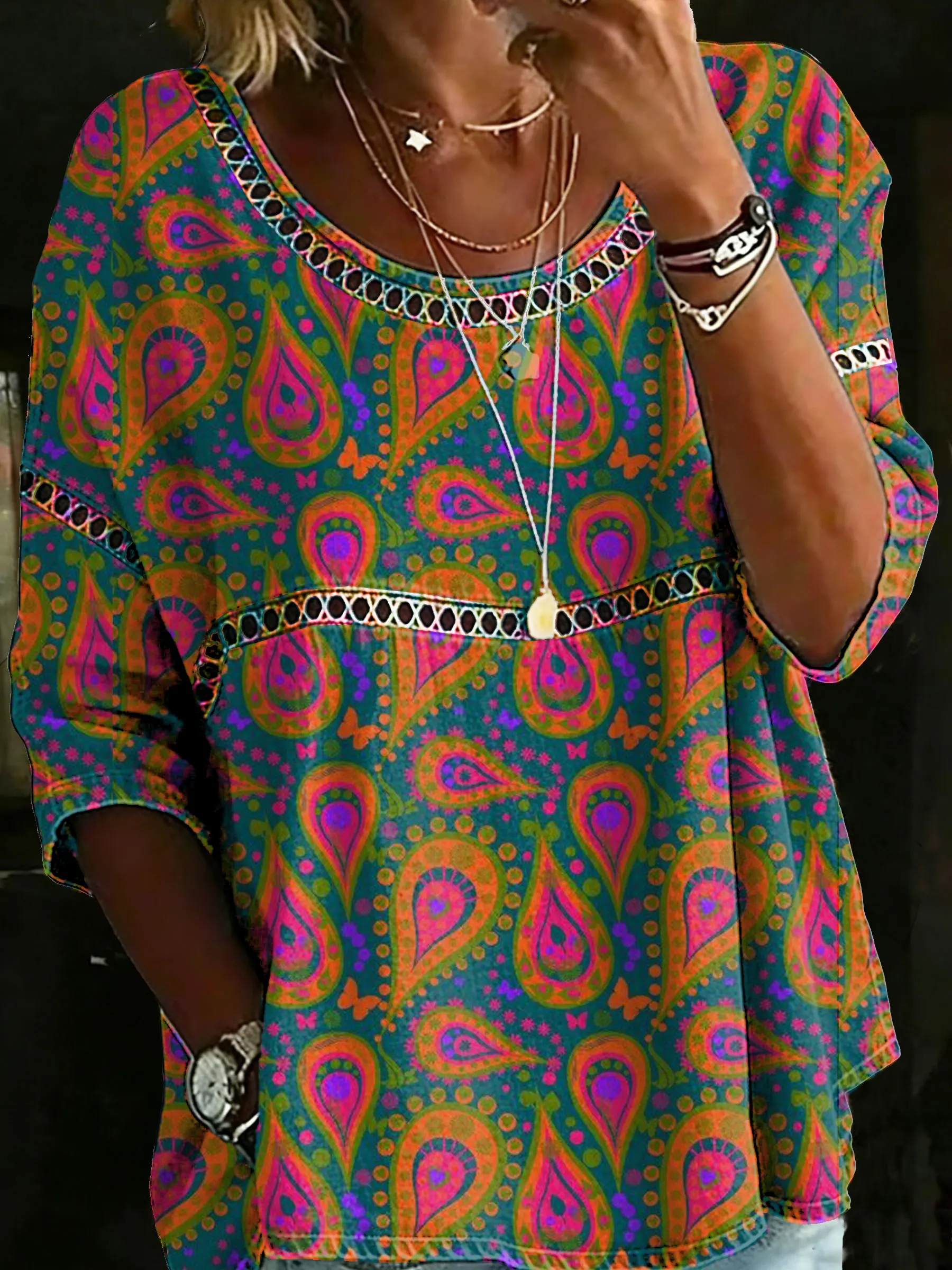 Women's Vintage Ethnic Casual Loose Denim Blouse Shirt