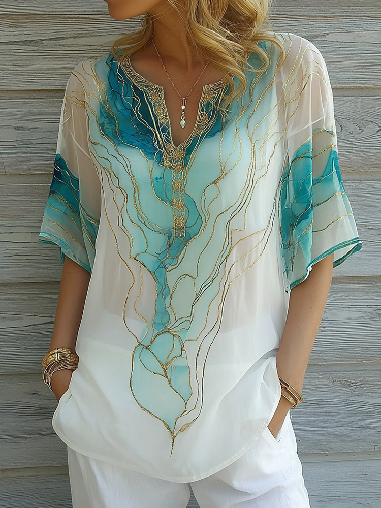 Vintage Marble Texture Collection Bohemia Women Style Gradient Gilded Pattern Linen Round Neck T-shirt