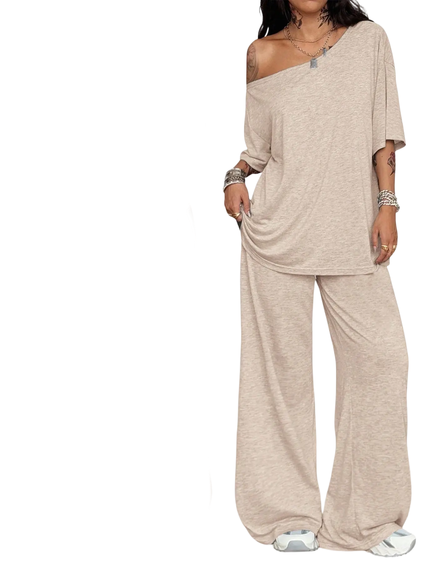 Effortless Comfort Women’s 2-Piece Lounge Set – Loose Fit Top & Wide-Leg Pants