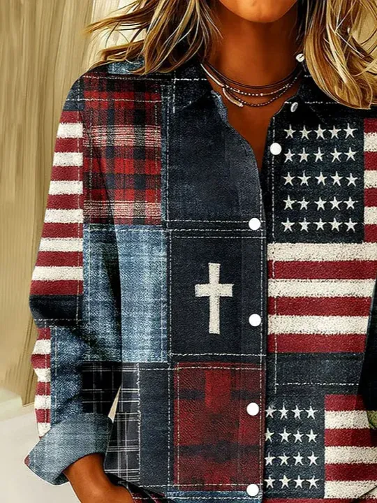 Shirt Collar Regular Sleeve Long Sleeve America Flag Buckle Regular Loose Button Up Shirt Shirt