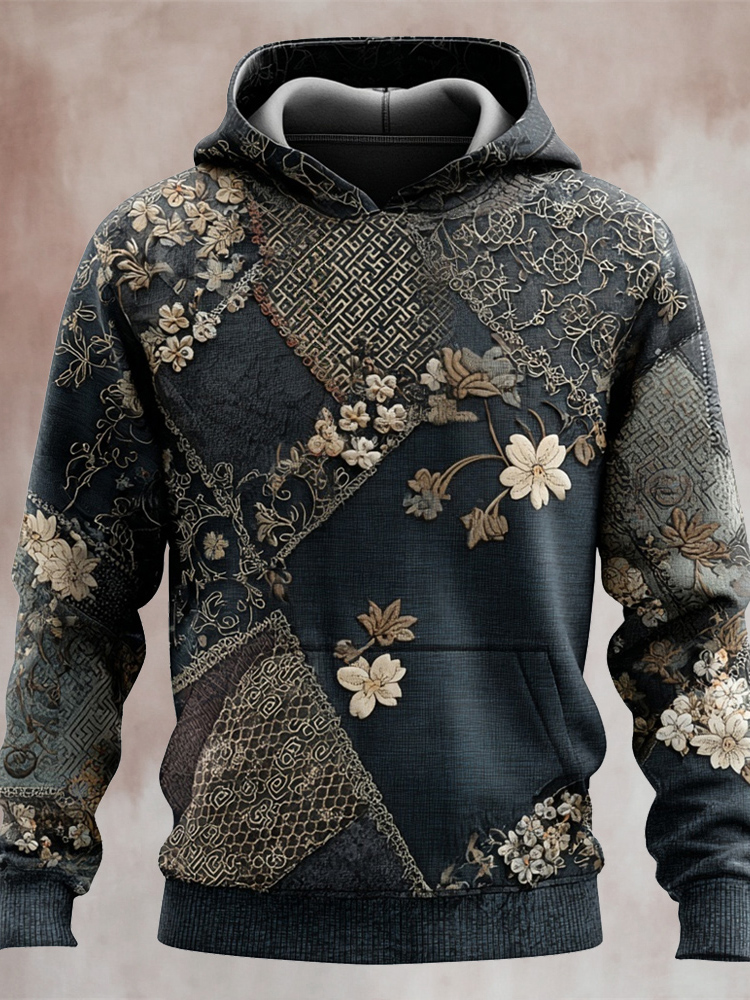 Japanese Floral Patchwork Art Men's Hooded Sweatshirt