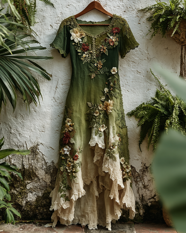 Women's Elegant Gradient Flowers Irregular Ruffle Linen Dress 4305