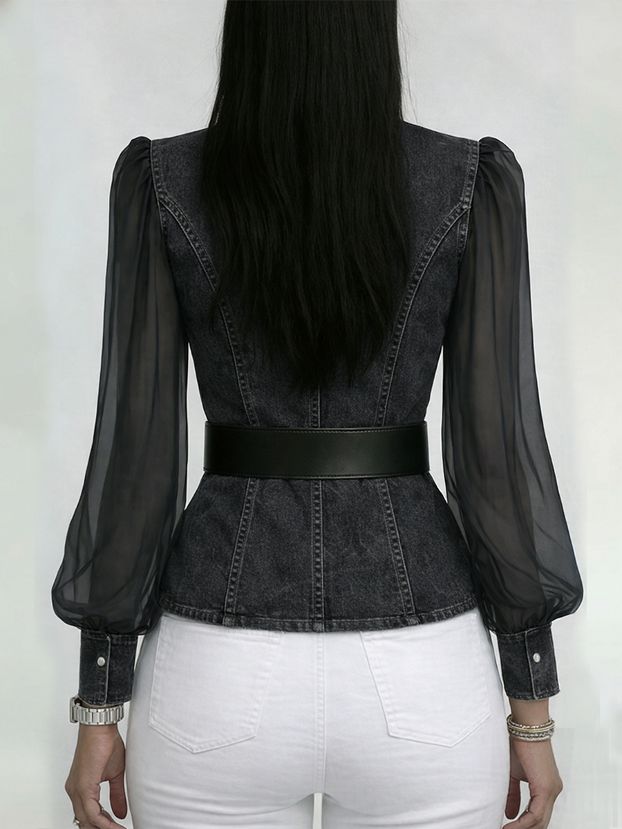 Elegant, Slim-fitting Denim Top With Organza Sleeves.