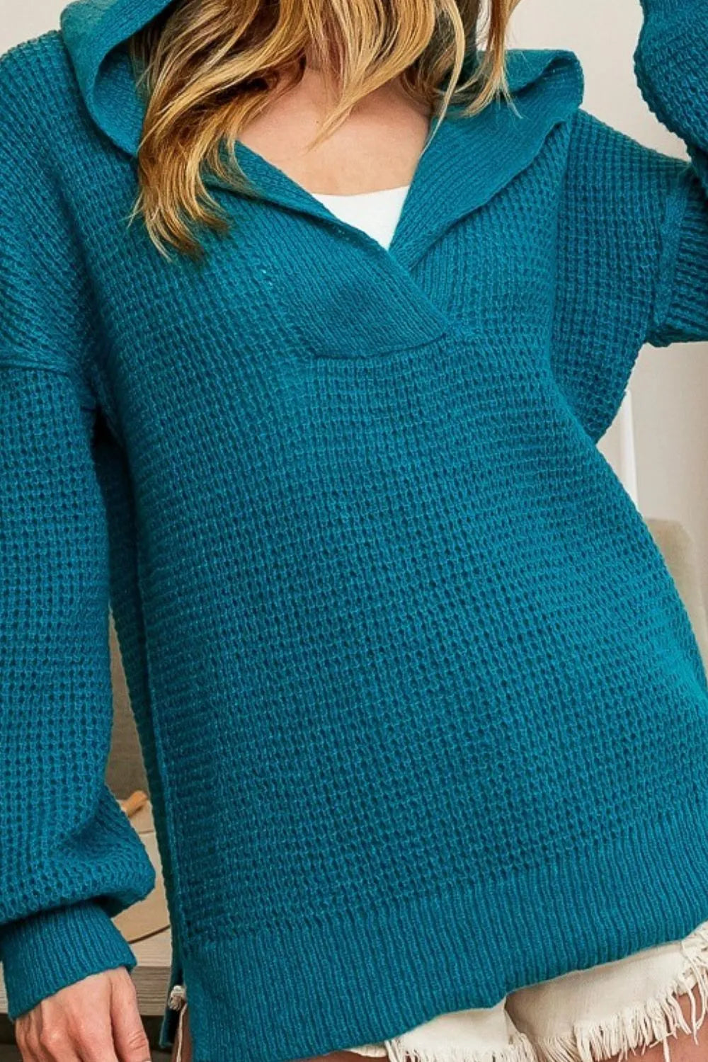 Raw Edge Detail V-Neck Sweater Hoodie