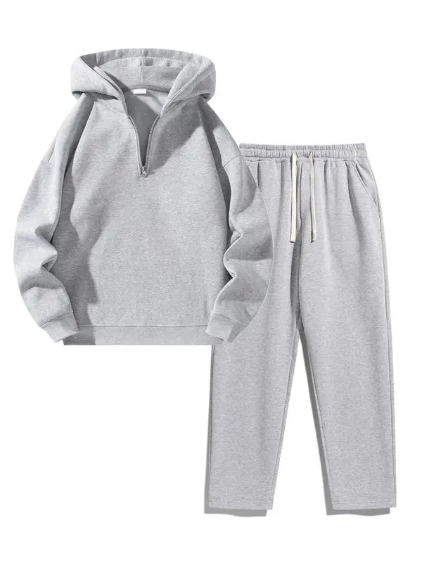 Men's Plain Two-piece Sweatsuit Set, Basic Regular Fit Casual Drop Shoulder Half Zip Hoodie & Pocket Drawstring Sweatpants