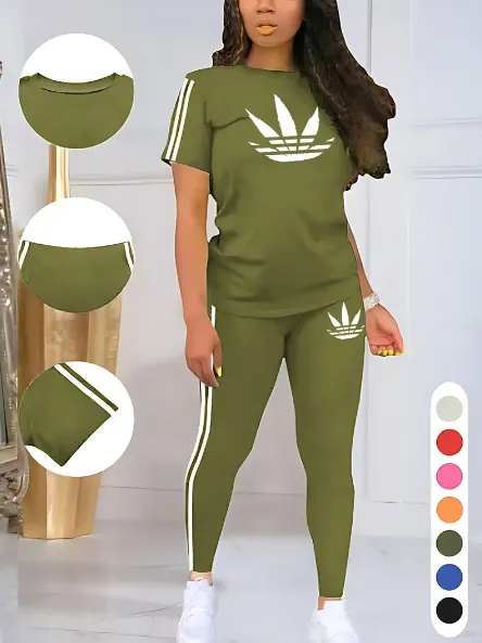 Women's Printed Casual Sporty Round Neck Drawstring Short Sleeve and Long Pants Two-Piece Set