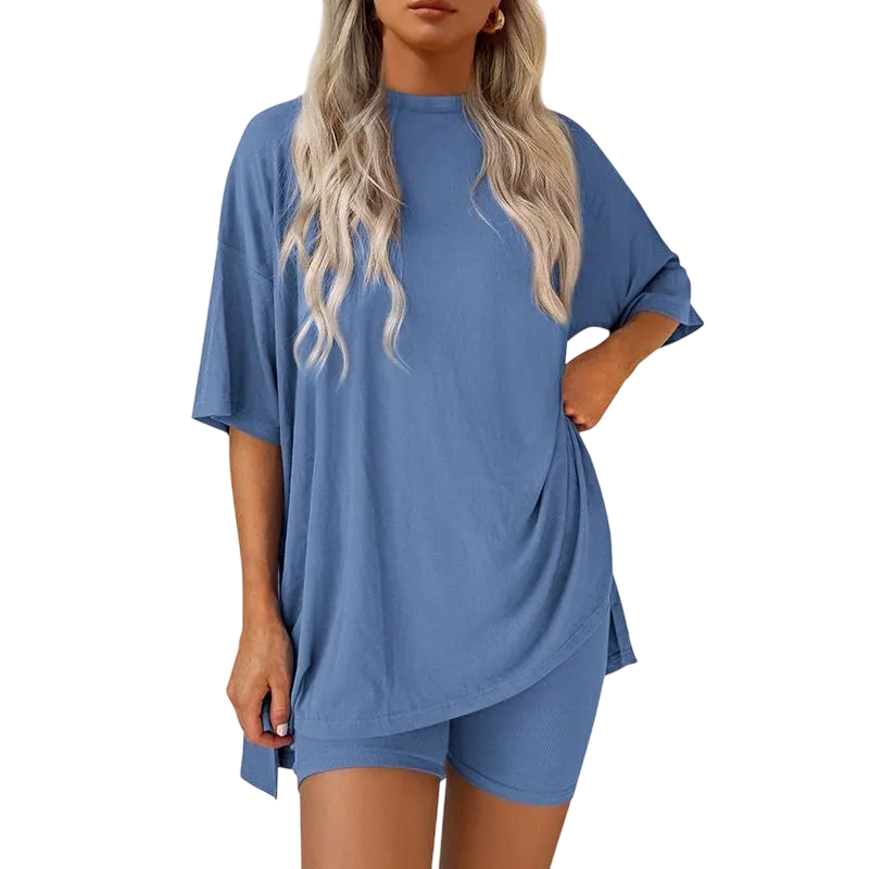 Women's Casual Oversized Crewneck Split Hem Shirts & Side Pocket Shorts Set