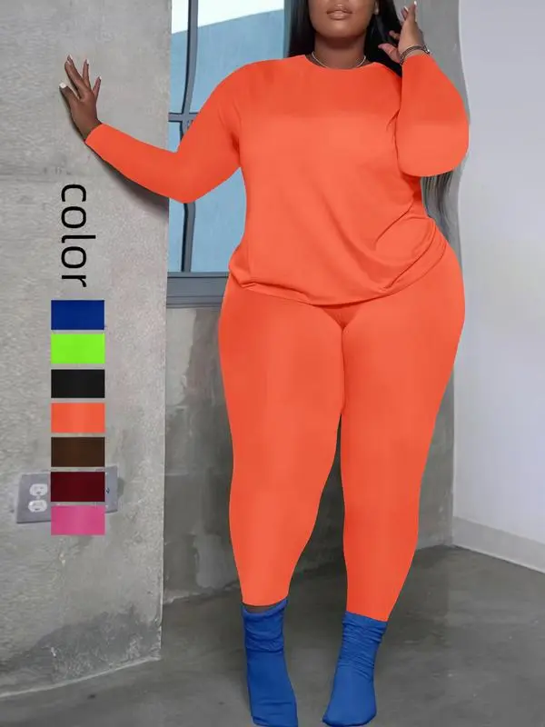 Plus Size 2-Piece Set – Long Sleeve Top & Skinny Pants, Cozy Fall Outfit