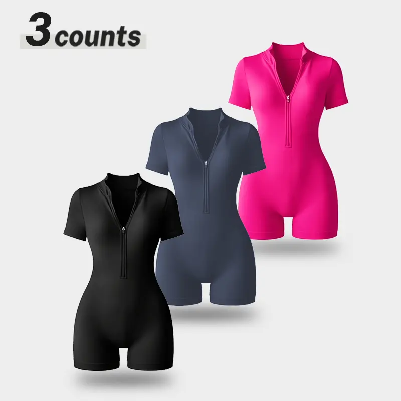 💪 Women's Activewear Sports Romper – Zip-Up Mock Neck