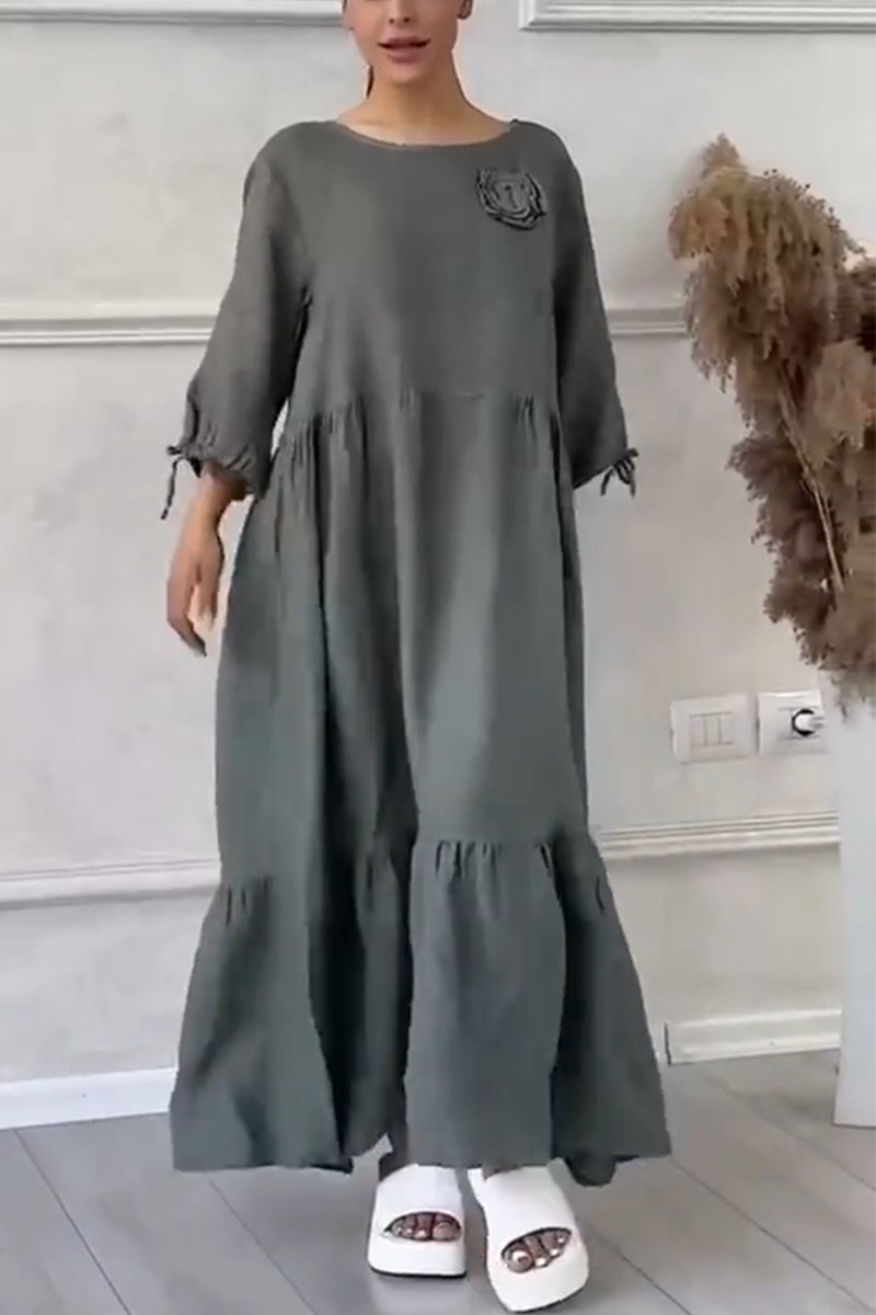 Women's Casual Cotton and Linen Gathered Floral Dress