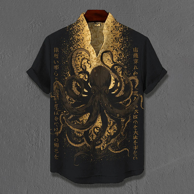 Men's Japanese Art Cthulhu Octopus Print Short Sleeve Shirt