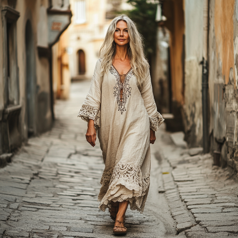 Ethnic Embroidery Vintage Casual Linen Dress eaa5