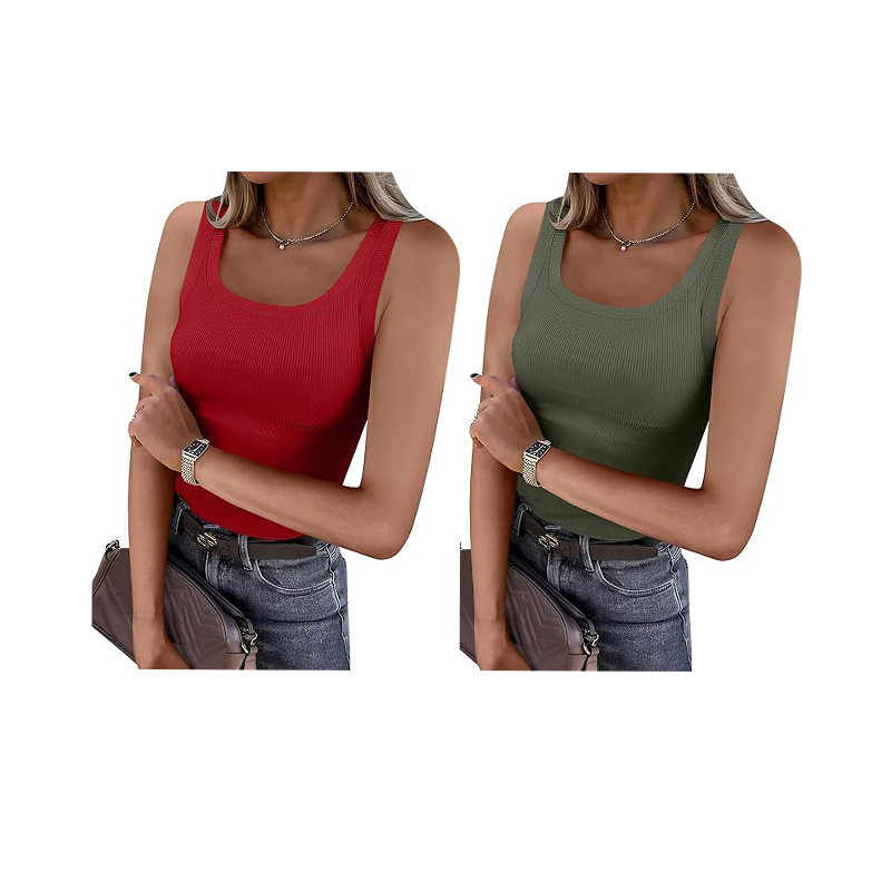 Women's Ribbed Scoop Neck Sports Tank with Built-in Bra