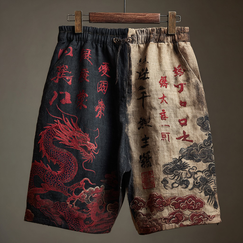 Men's Japanese Calligraphy And Dragon Art Linen Shorts