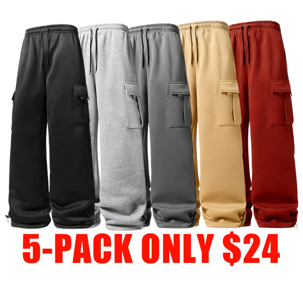 Unisex Casual Loose Waist Straight Pants with Drawstring & Pockets